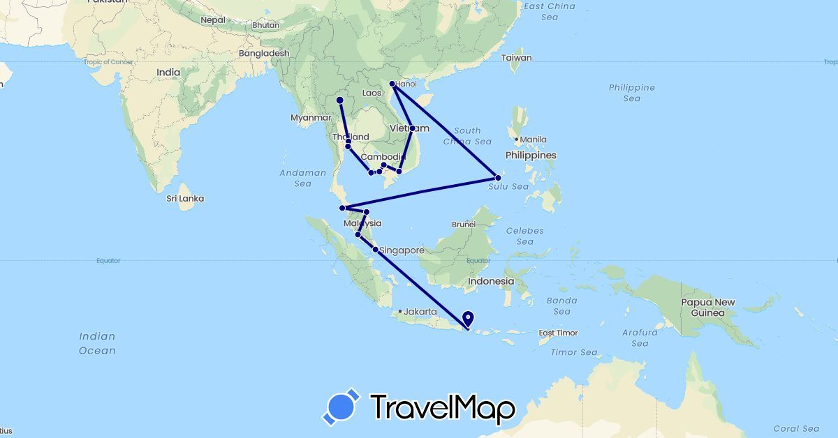 TravelMap itinerary: driving, plane in Indonesia, Cambodia, Malaysia, Philippines, Singapore, Thailand, Vietnam (Asia)